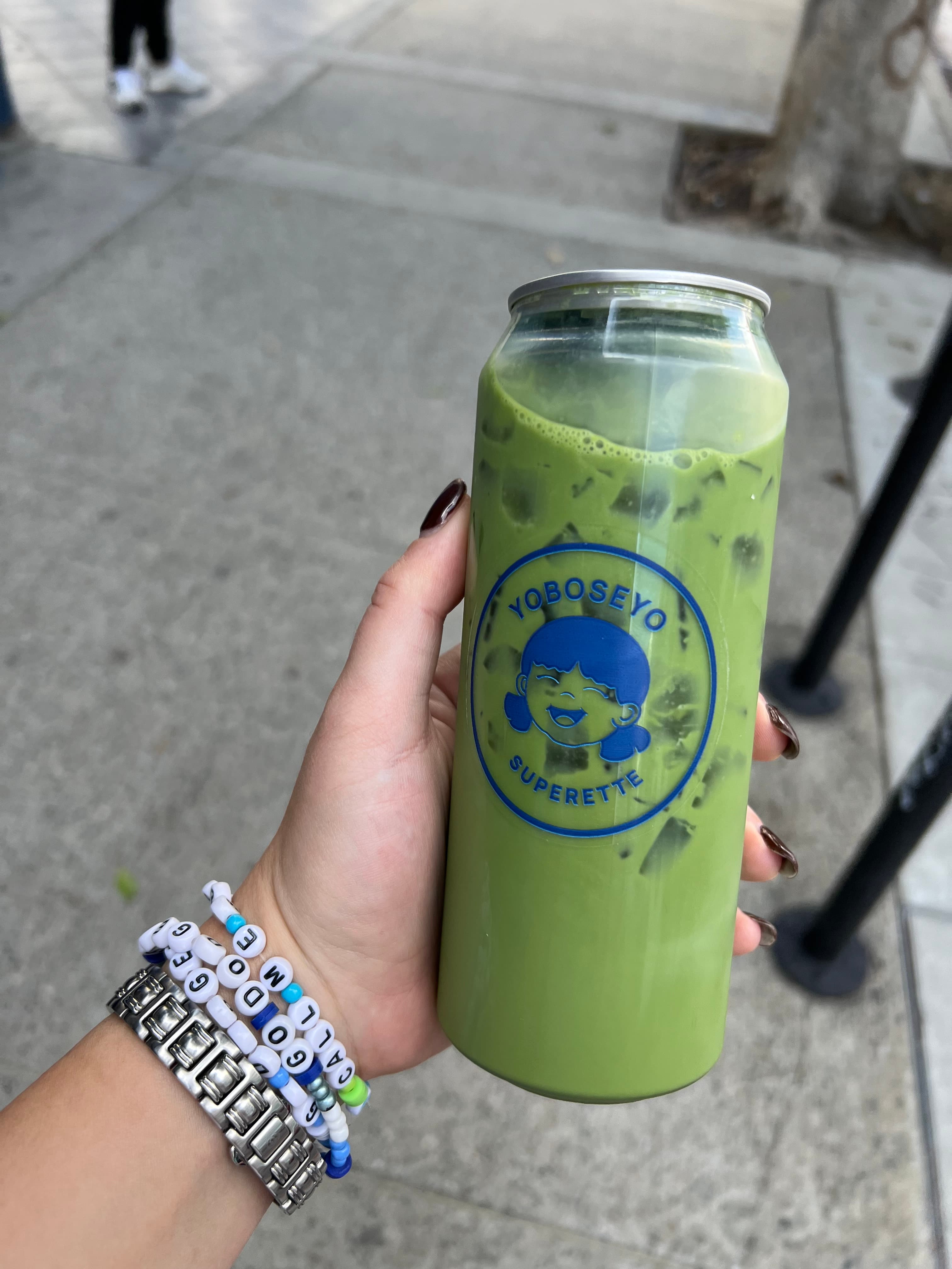 Iced matcha latte with almond milk